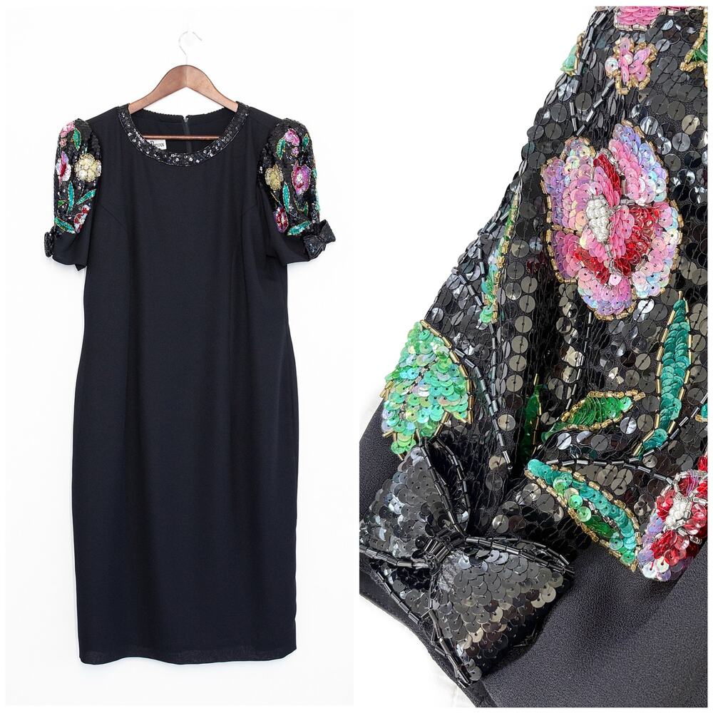Vintage Beaded Sequin Cocktail Dress L Black Floral Sleeve Evening Glam Party